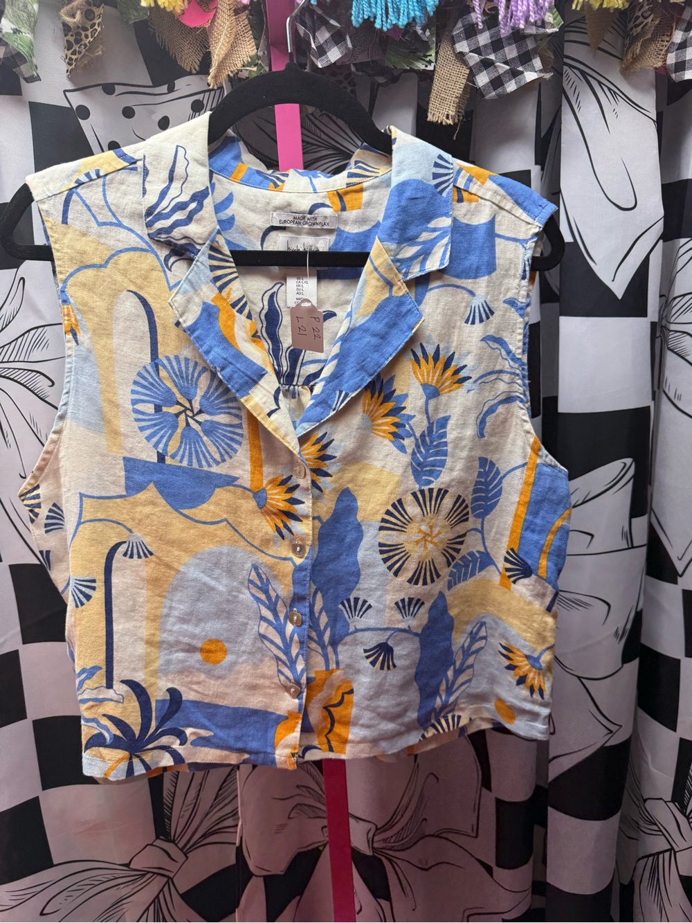 NWOT Nicole Miller Sleeveless Crop Top in Blue & Yellow - 100% Linen